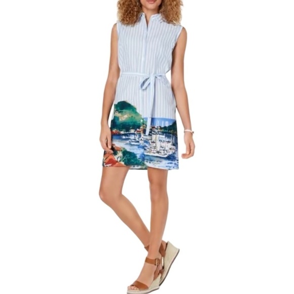 NWT TOMMY HILFIGER Stripped Mediterranean Button Down Sleeveless Shirt Dress 12 - Picture 1 of 5